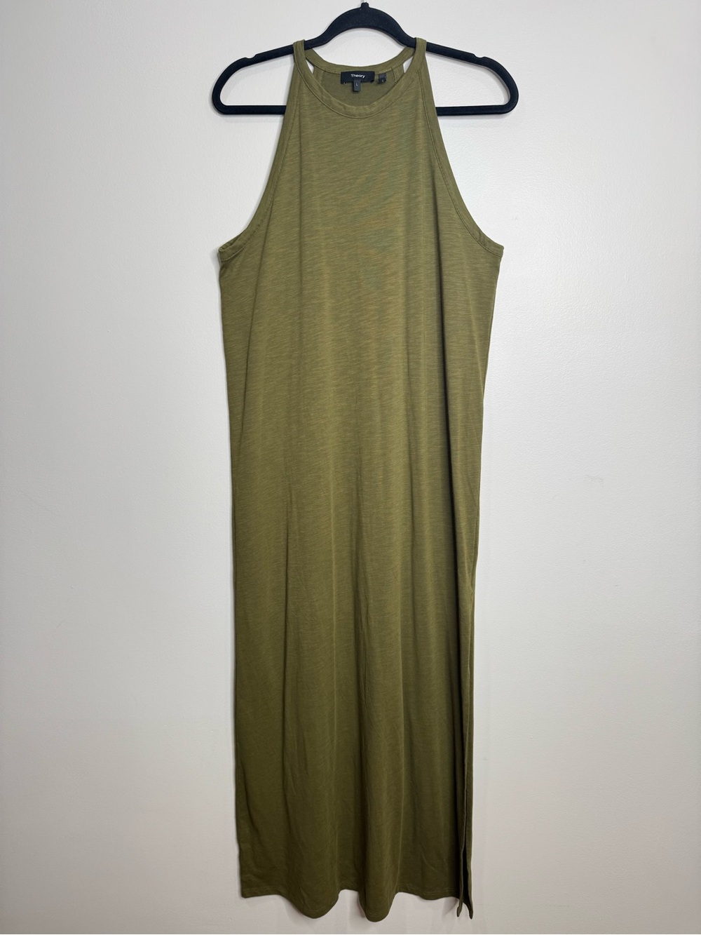 Theory Modal Blend Olive Green High Neck Sleeveless Maxi Dress Minimalist Large